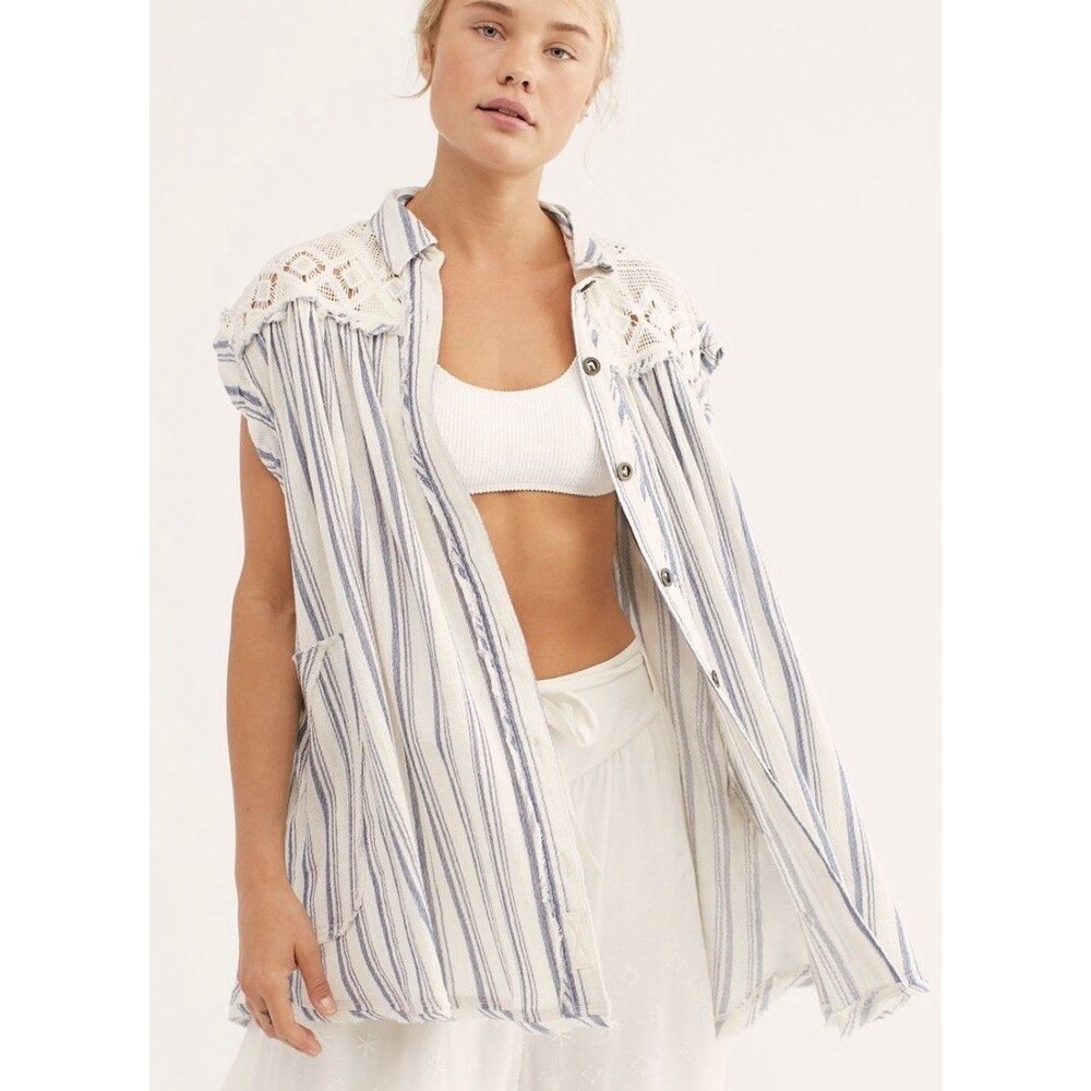We The Free Love Bloom Tunic Top Small Blue White Lace Oversized Sleeveless